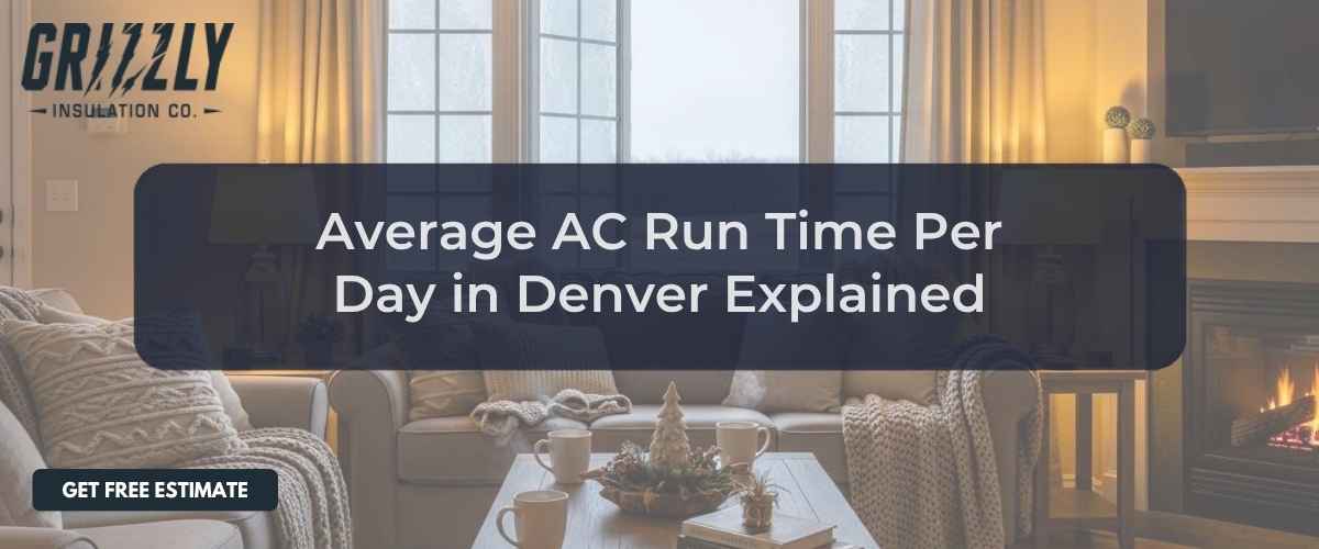 Hero image: cozy living room with fireplace, large windows, and an overlay panel reading 'Average AC Run Time Per Day in Denver Explained' with a 'Get Free Estimate' button. Brand: Grizzly Insulation on the left.