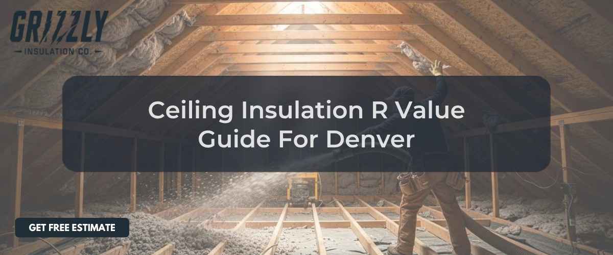Attic insulation scene with a worker installing insulation; overlay promotes 'Ceiling Insulation R Value Guide For Denver' and a 'Get Free Estimate' CTA, with Grizzly Insulation branding.