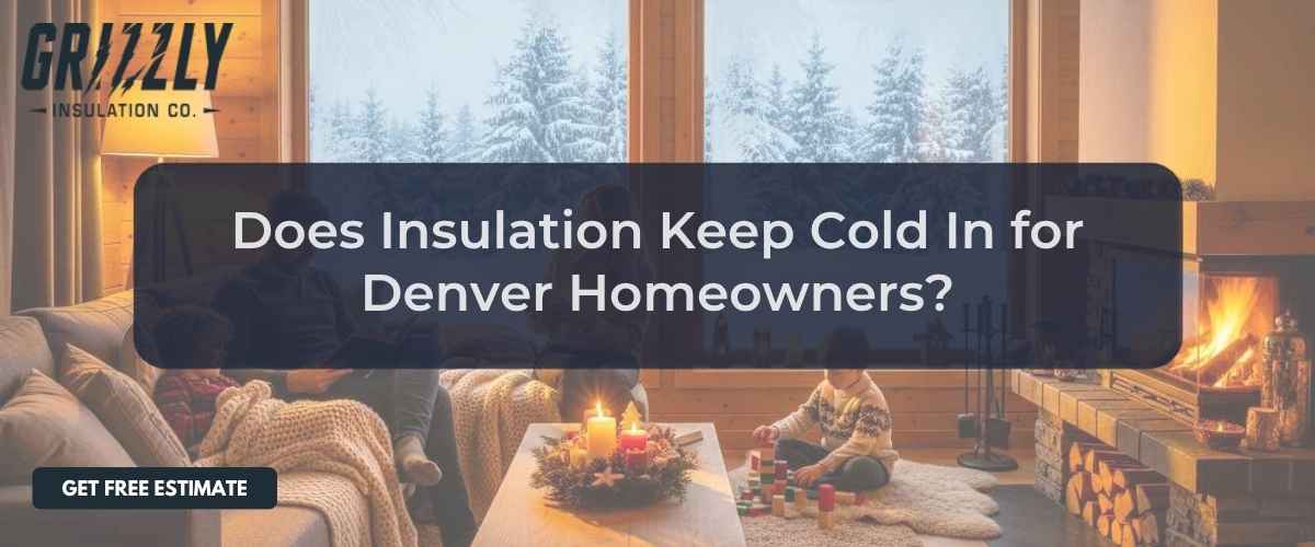 Banner for Grizzly Insulation with text 'Does Insulation Keep Cold In for Denver Homeowners?' over a cozy living room setting.