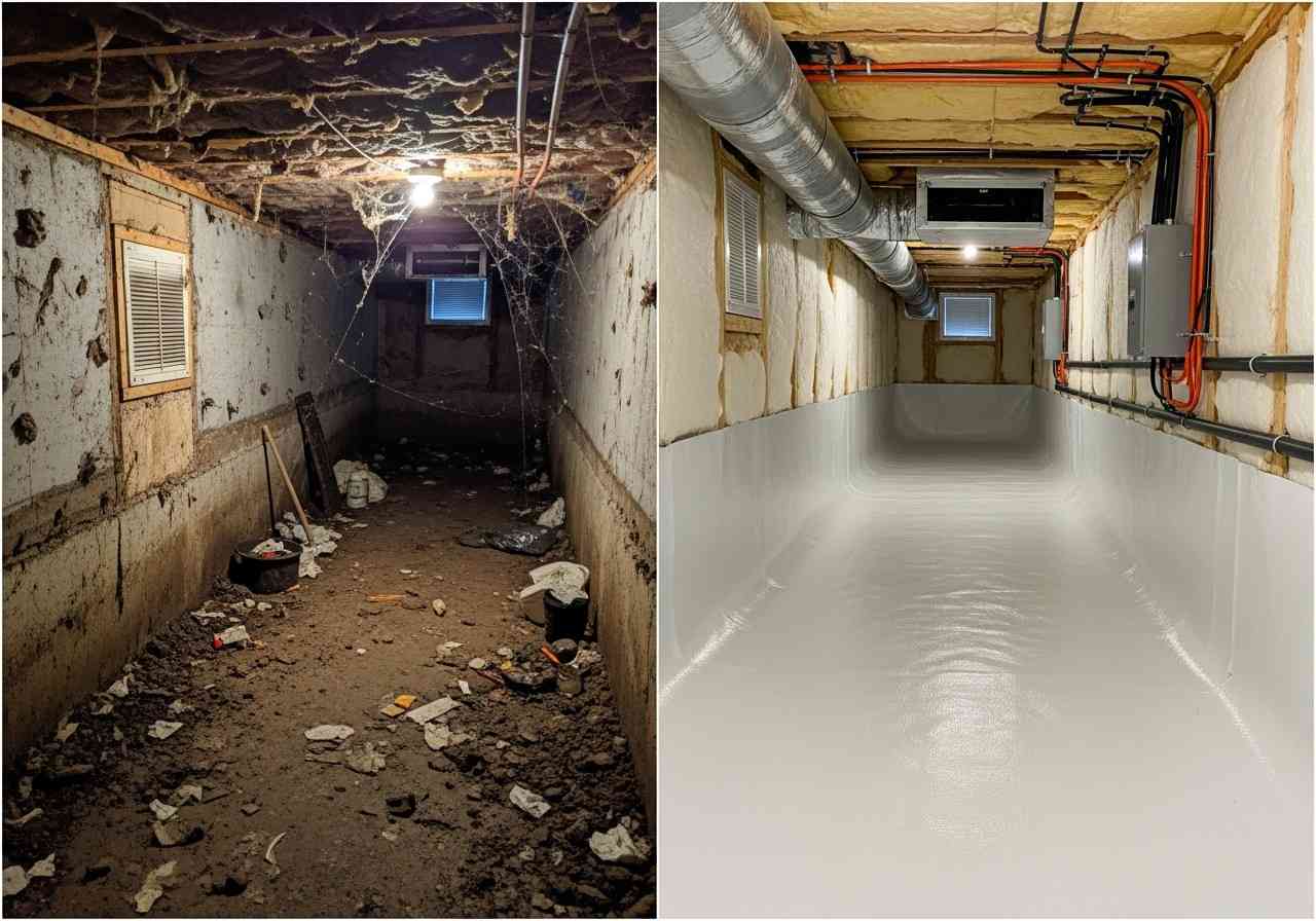 Split image showing a dilapidated basement on the left with dirt floor, debris, cobwebs, and a bare light bulb; right side shows a cleaned, waterproofed basement with white epoxy floor and neat piping.