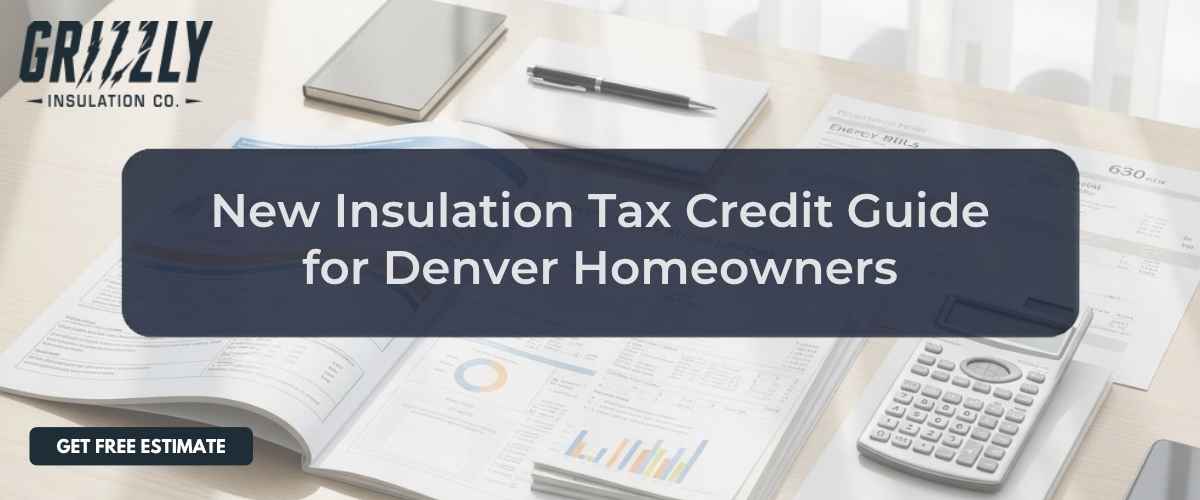 Banner ad for Grizzly Insulation: "New Insulation Tax Credit Guide for Denver Homeowners" with a desk, calculator, and a dark rounded CTA reading “Get Free Estimate.”