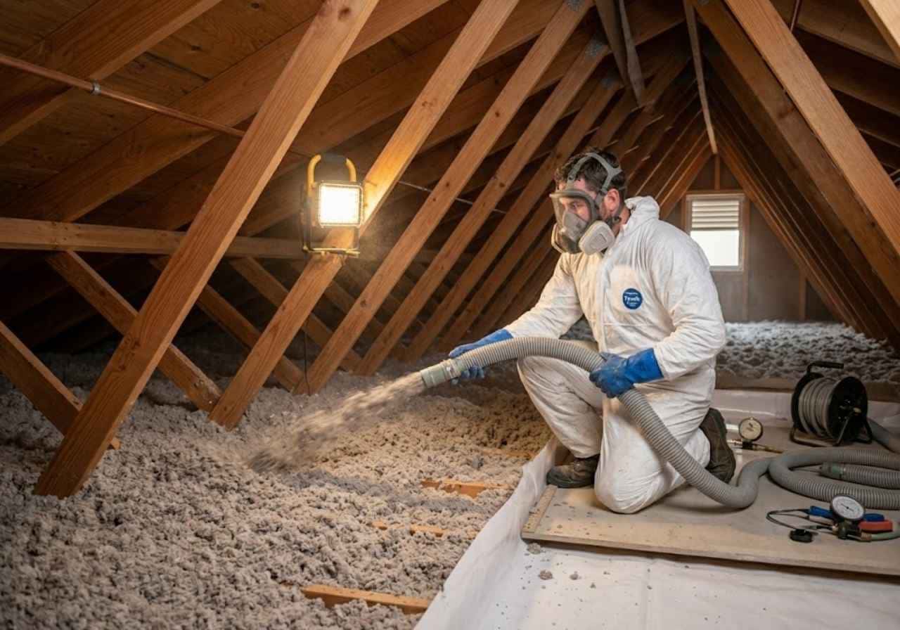 Worker in white protective suit and respirator sprays insulation in an attic among wooden rafters.