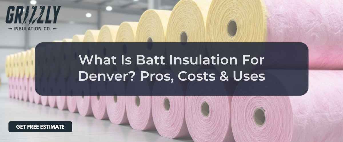Rows of pink batt insulation rolls in a warehouse; overlay text about Denver batt insulation pros, costs, and uses.
