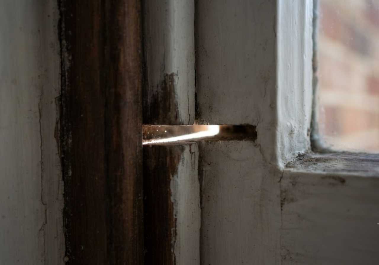 Slim beam of sunlight piercing a gap in an old wooden window frame, bright against weathered paint.