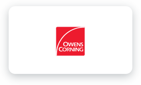Owens Corning logo centered on a white rounded card against a dark background.