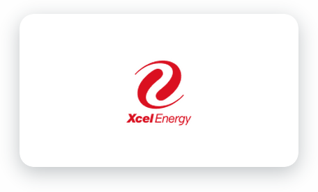 Xcel Energy logo (red swoosh and text) centered on a white rounded card with dark background.