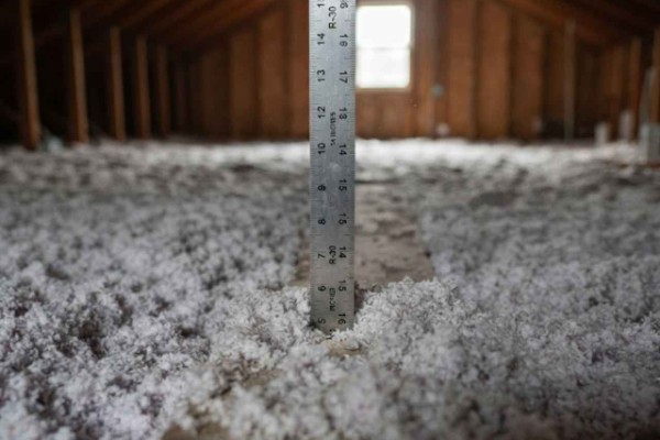Ruler standing upright in snow on a wooden attic floor, showing snow depth.