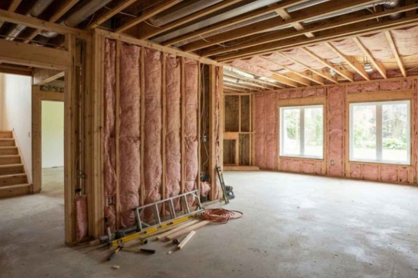Unfinished room under construction with pink insulation between wooden studs, exposed ceiling joists, a ladder and tools on the concrete floor, and two large windows.