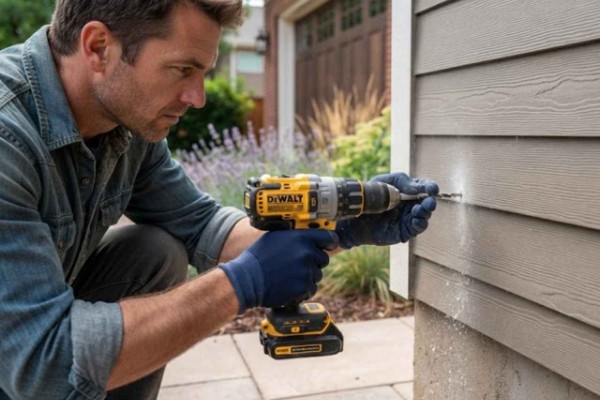 Man in a denim shirt drills into the exterior siding of a house with a cordless drill
