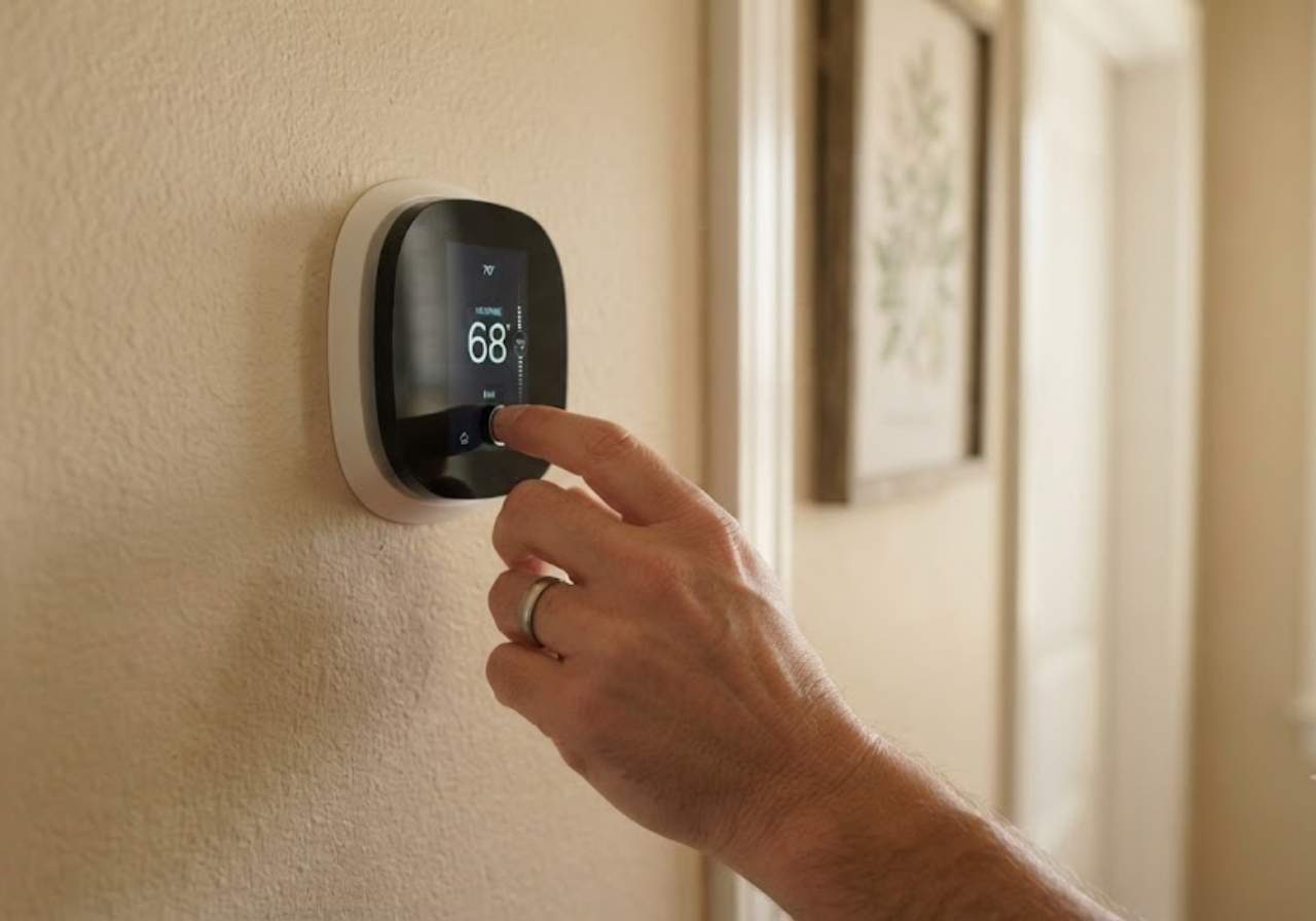 Close-up of a hand adjusting a digital thermostat on a beige wall, the display showing 68°F.