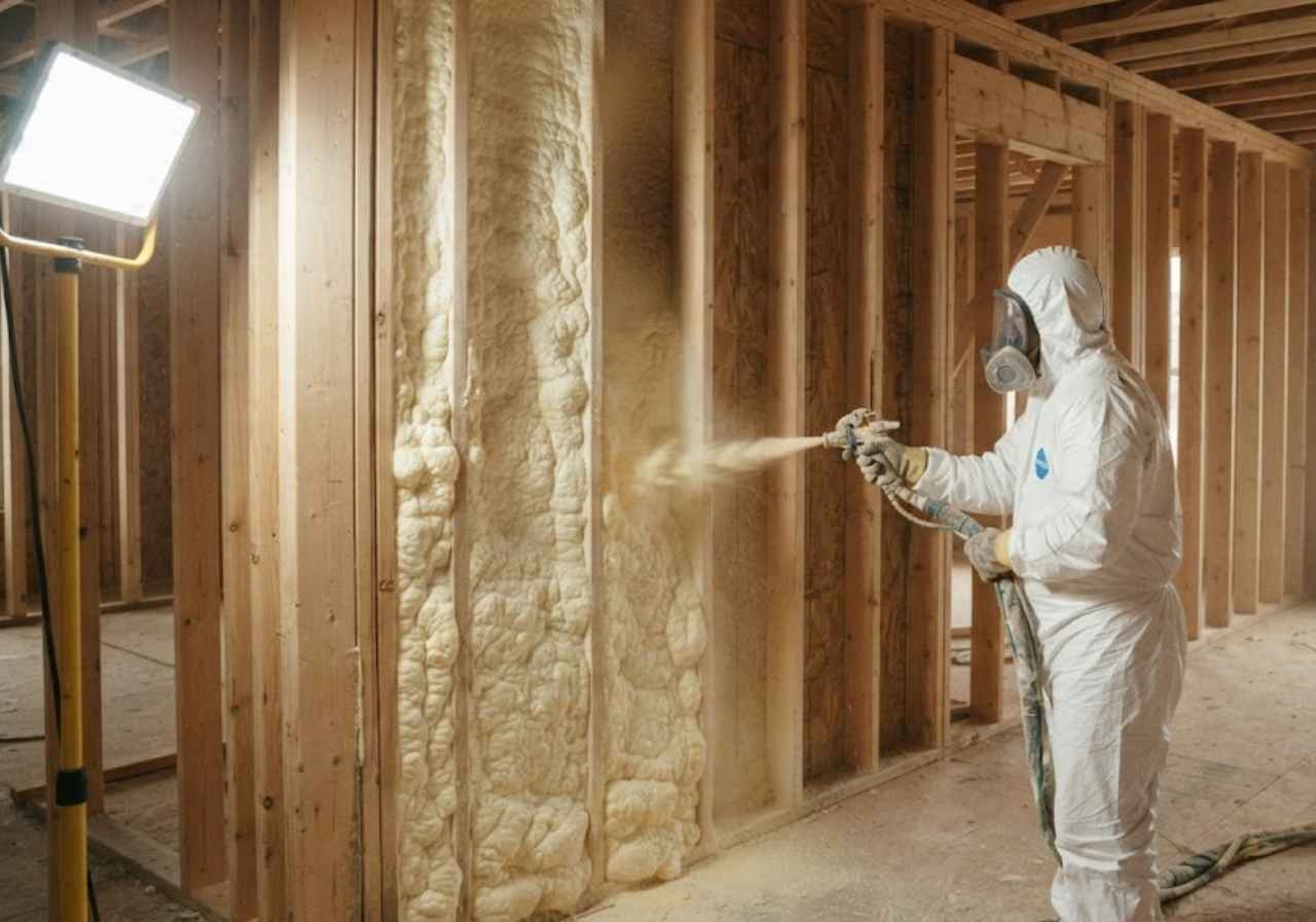 Worker in full protective suit and respirator sprays spray foam insulation into wooden wall studs at a construction site with a bright light nearby.