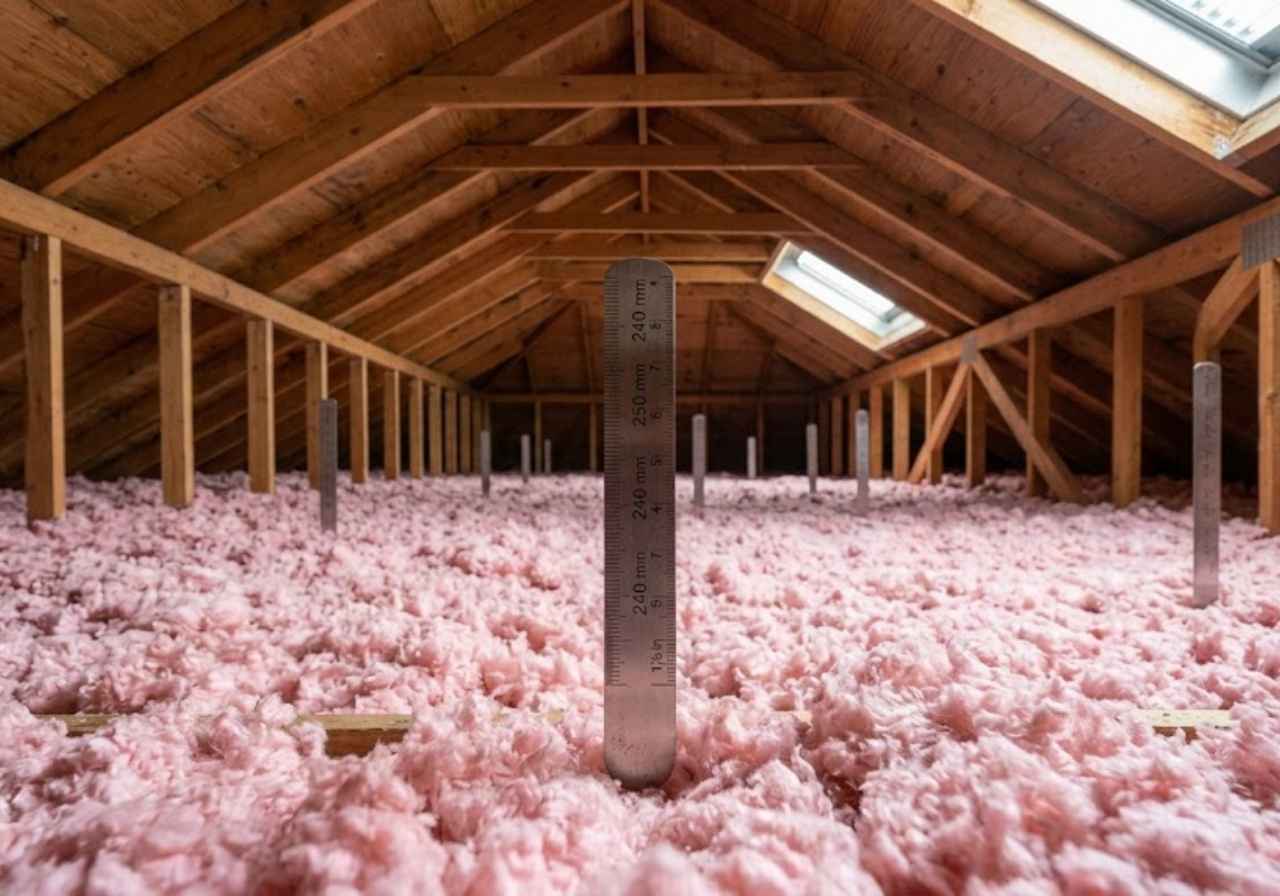 Attic filled with pink fiberglass insulation, wooden beams, and a vertical measuring ruler in the center.