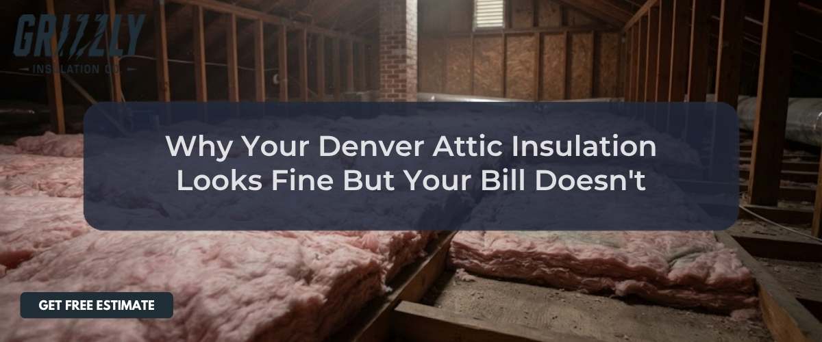 Attic insulation scene with pink fiberglass insulation and a dark blue banner text about attic insulation improving bills, plus a 'Get Free Estimate' button in the corner.