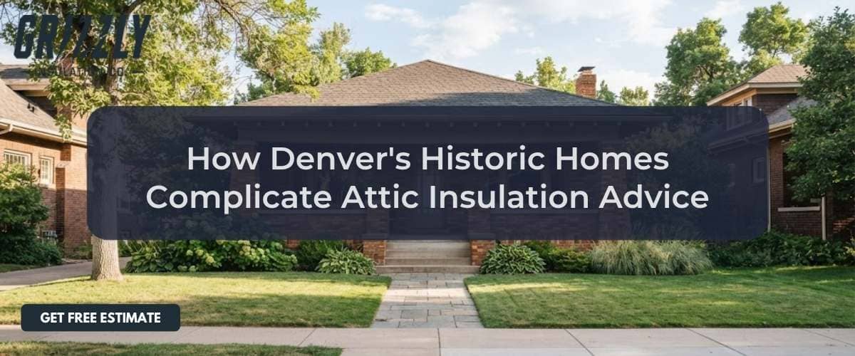 Hero image of a brick Denver home with a dark overlay showing the title 'How Denver's Historic Homes Complicate Attic Insulation Advice' and a 'Get Free Estimate' button in the lower left; Grizzly logo top left.