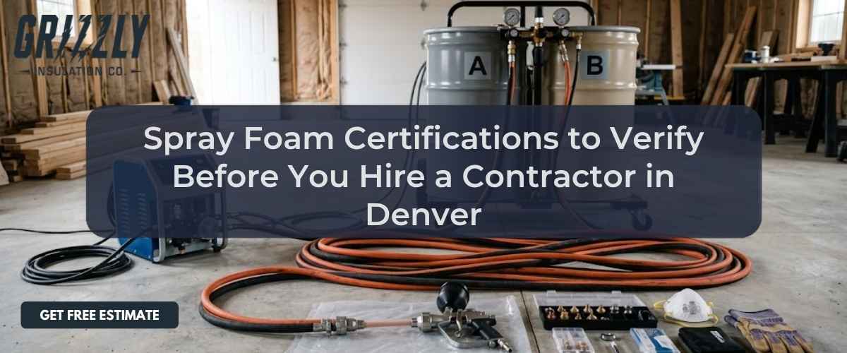 Hero banner showing a spray foam rig in a workshop with overlay text about verifying certifications before hiring a contractor in Denver.