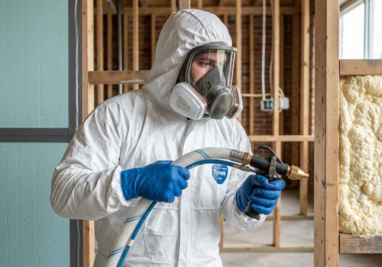 Worker in a white hazmat suit with respirator and blue gloves holding a spray hose inside a framed, unfinished building.