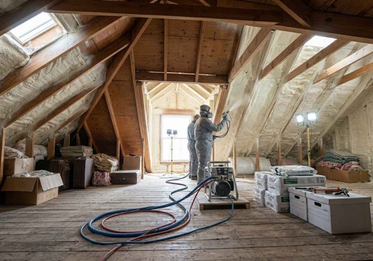 Two workers in protective suits spray insulation in an attic, with hoses and equipment around boxed materials.