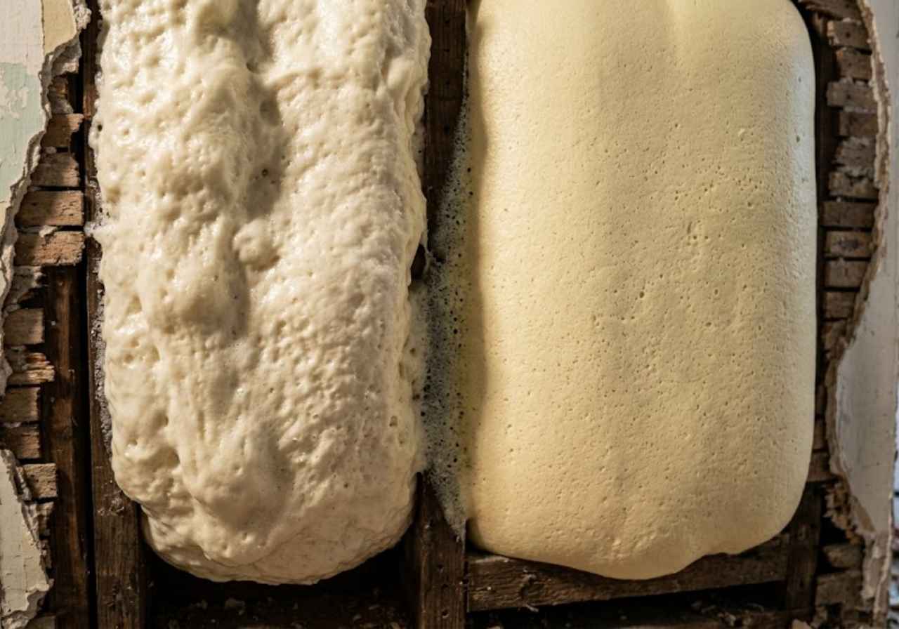 Two loaves of dough rising in a wooden bread proofing box: left loaf bubbly and textured, right loaf smooth and pale in a tin.