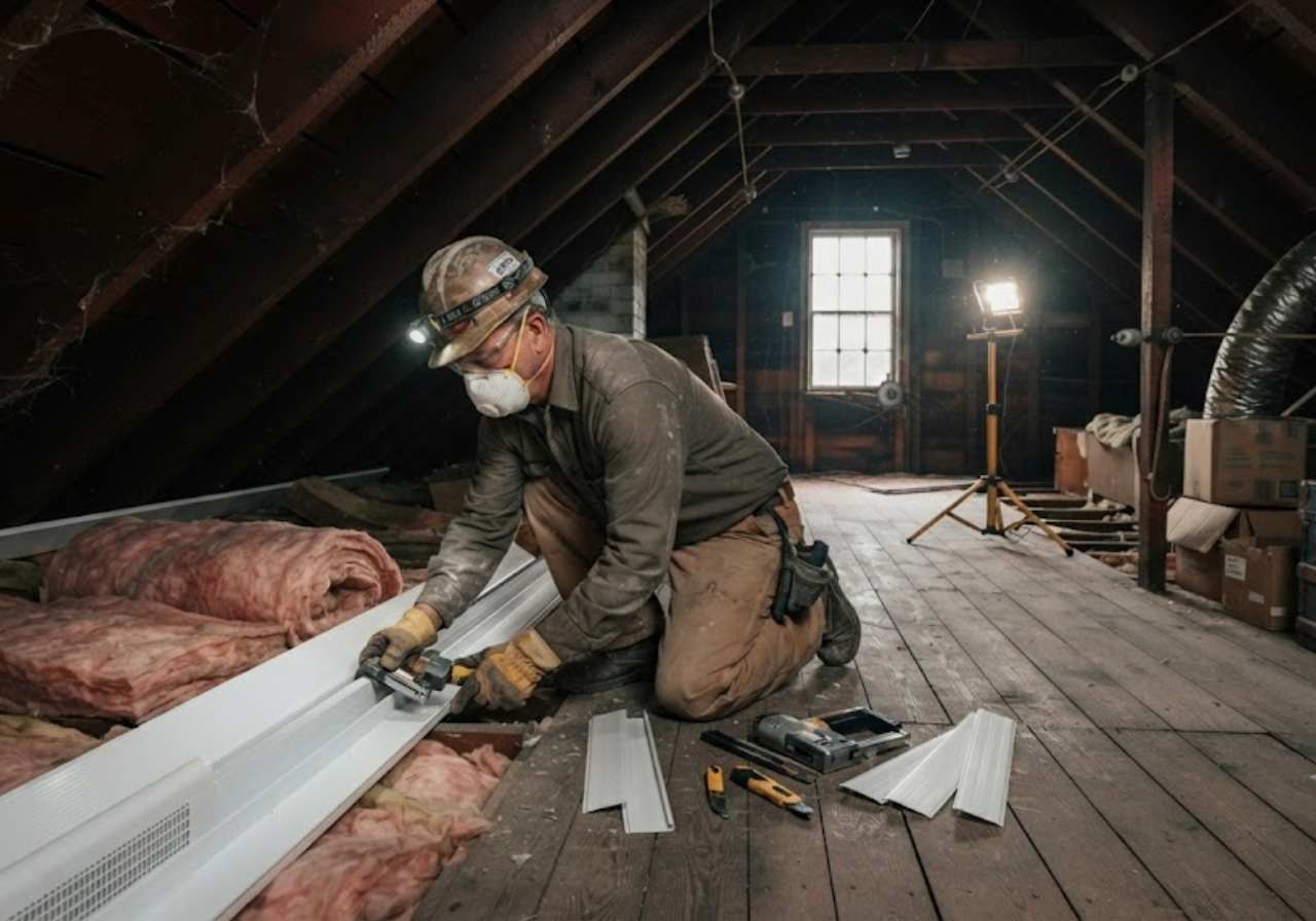Worker in an attic wearing a mask and helmet, kneeling to install metal trim on insulation-lined joists with tools nearby
