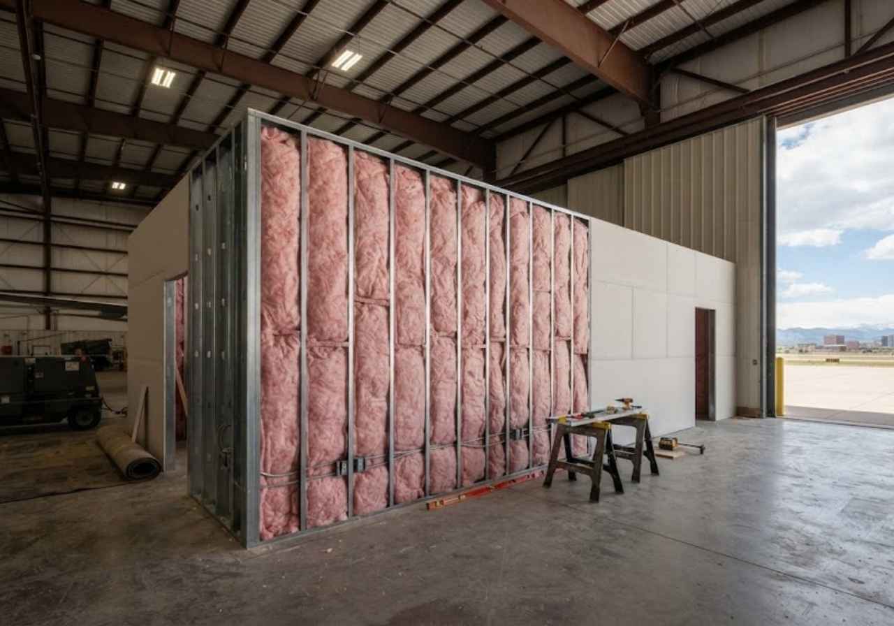 Crew space wall insulation inside a Denver aircraft hangar