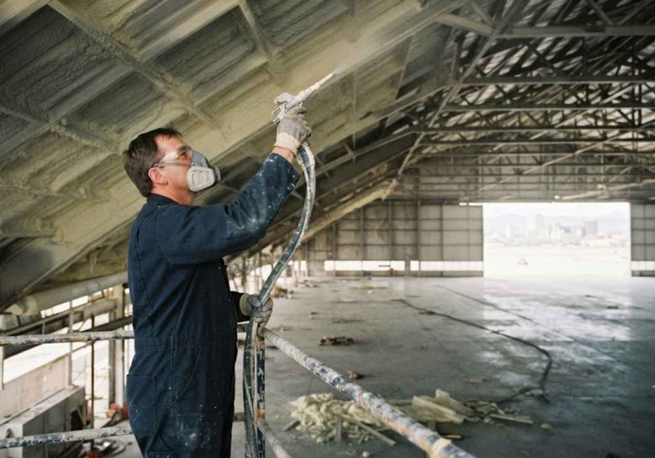 “Technician spray foaming a Denver aircraft hangar roof deck