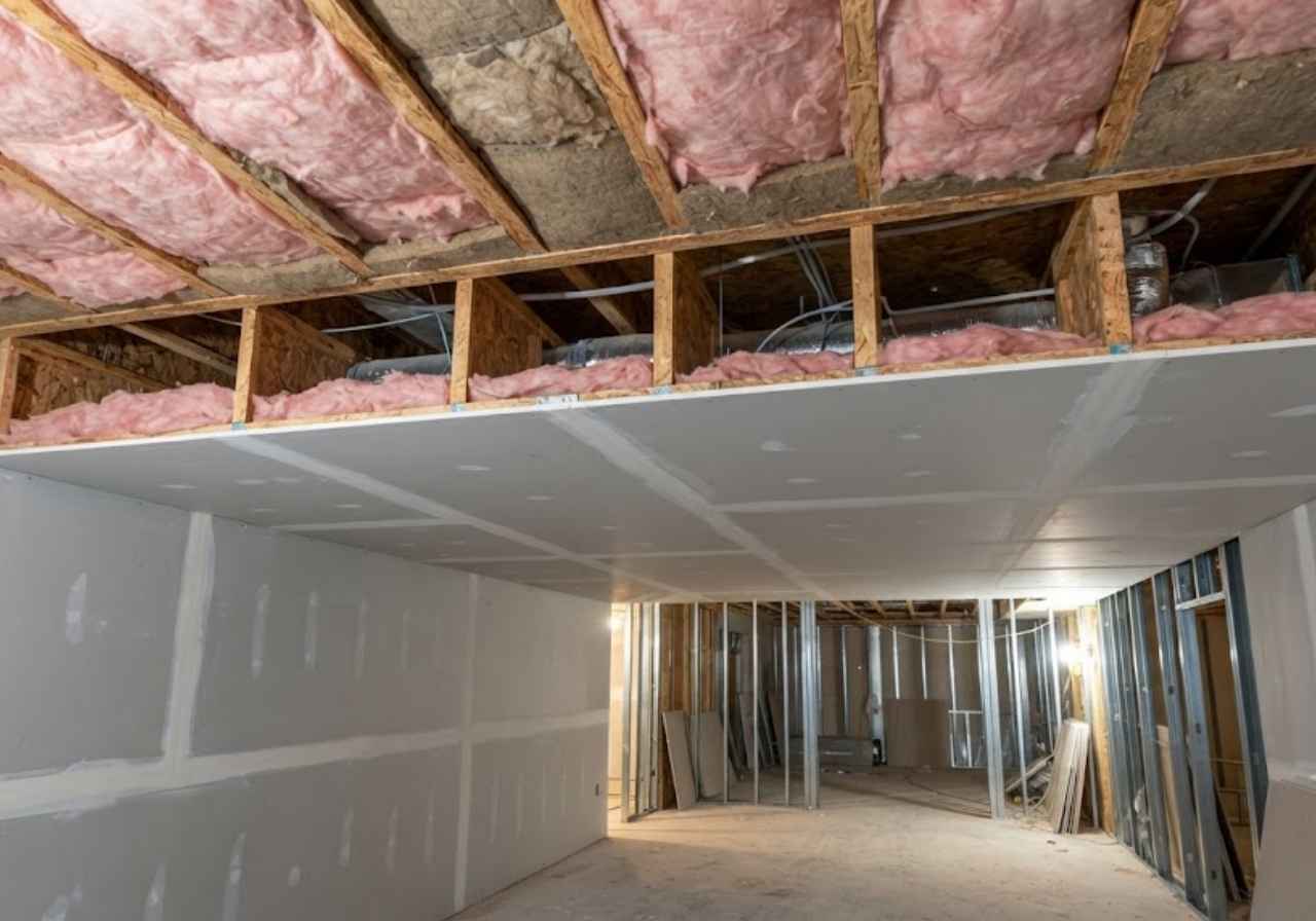 Under-construction basement with pink fiberglass insulation in exposed ceiling and partially installed drywall panels on walls, showing framing and construction materials across the room.