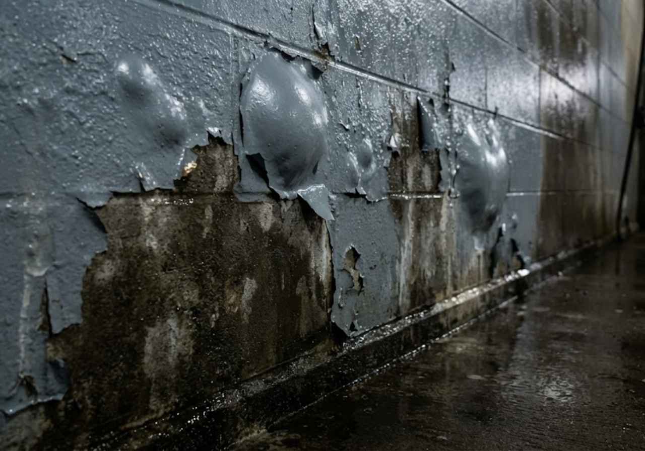 Moisture damage on a car wash wall in Denver from standing water