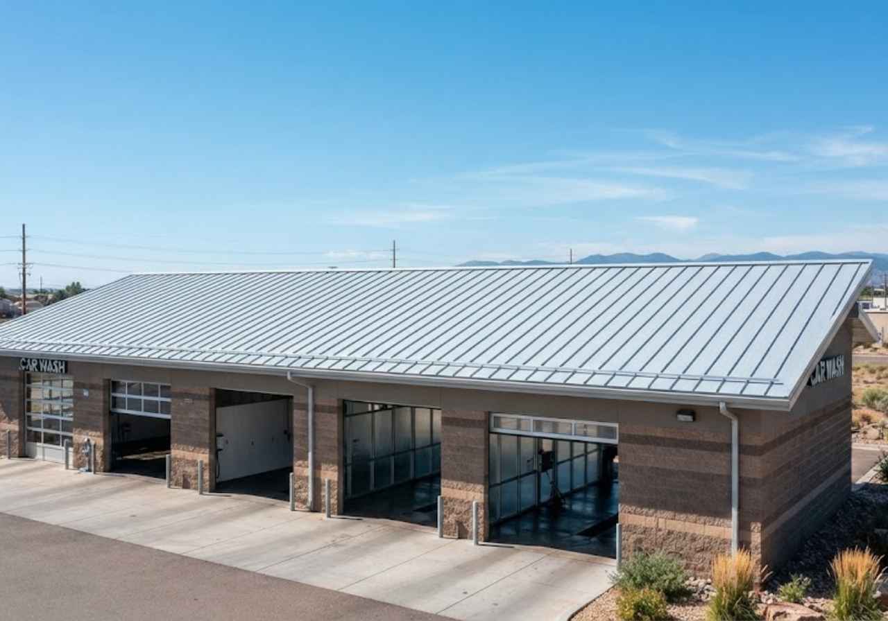 Modern brick car wash with four open bays under a light metal roof, located in a sunny desert setting.