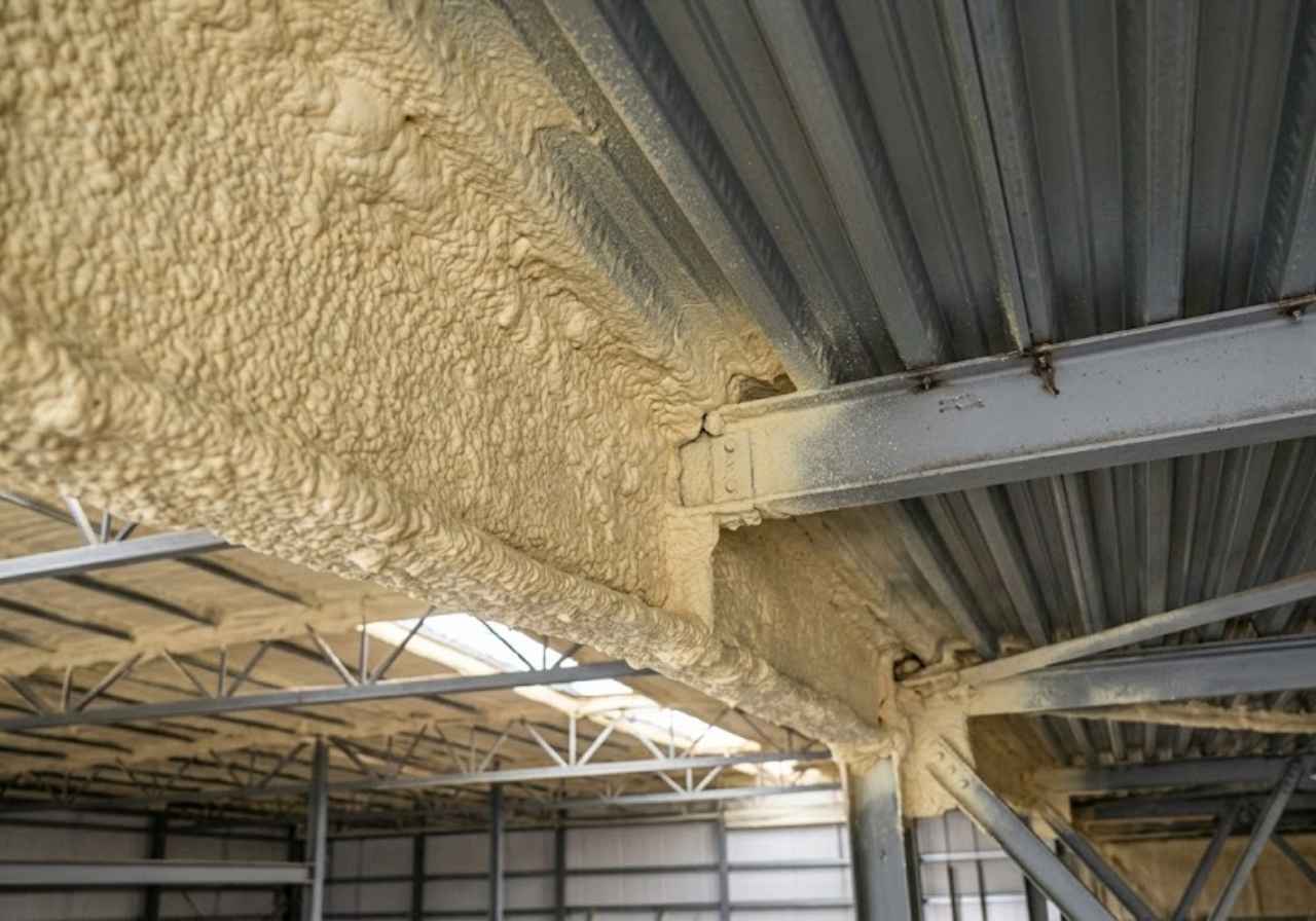 Spray foam sealing a large-span Denver casino roof deck