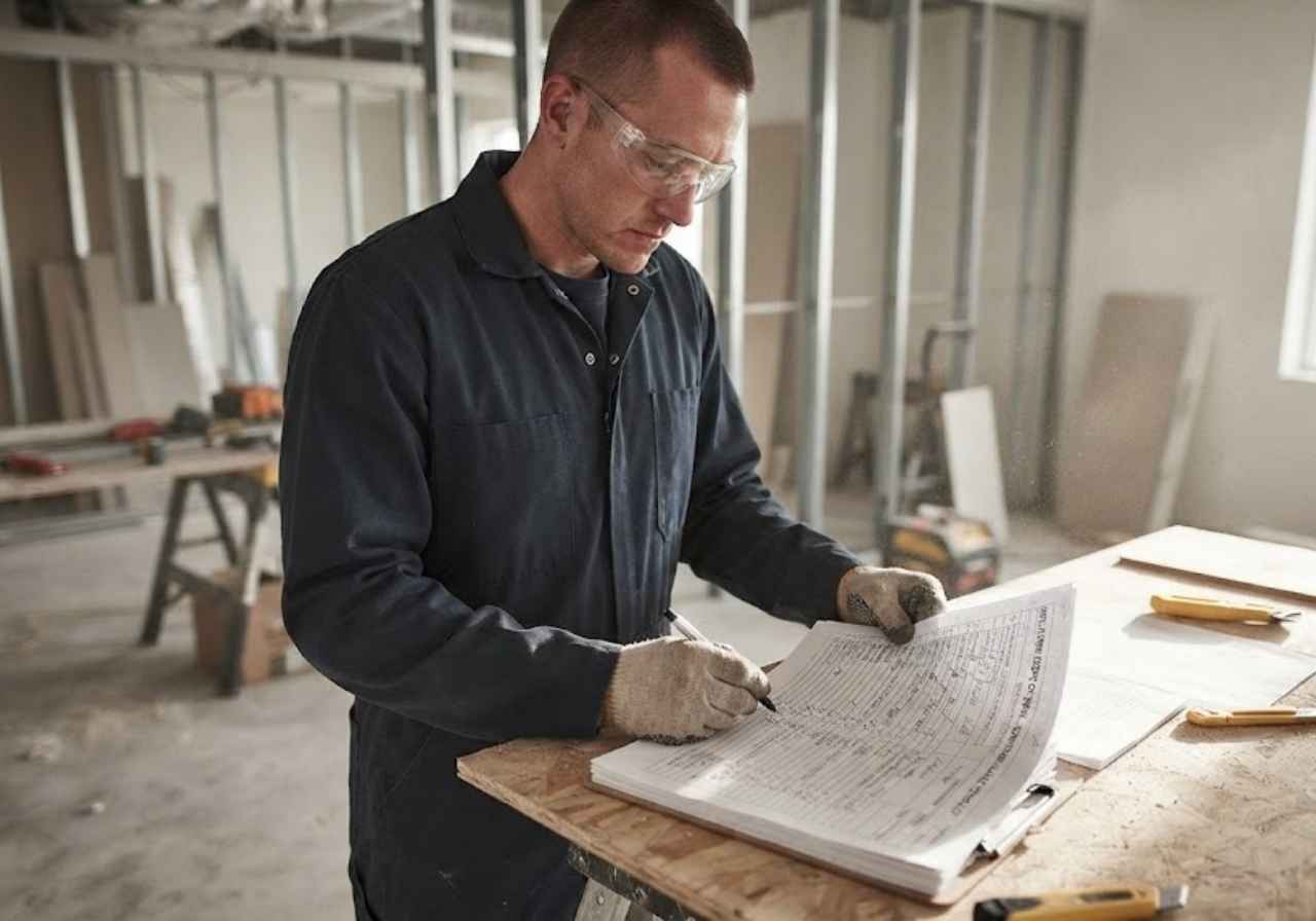 Technician reviewing a written insulation scope for Denver code compliance