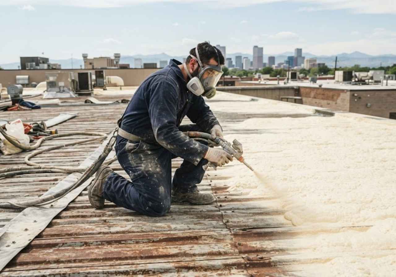 Technician spray foaming a Denver commercial roof during retrofit