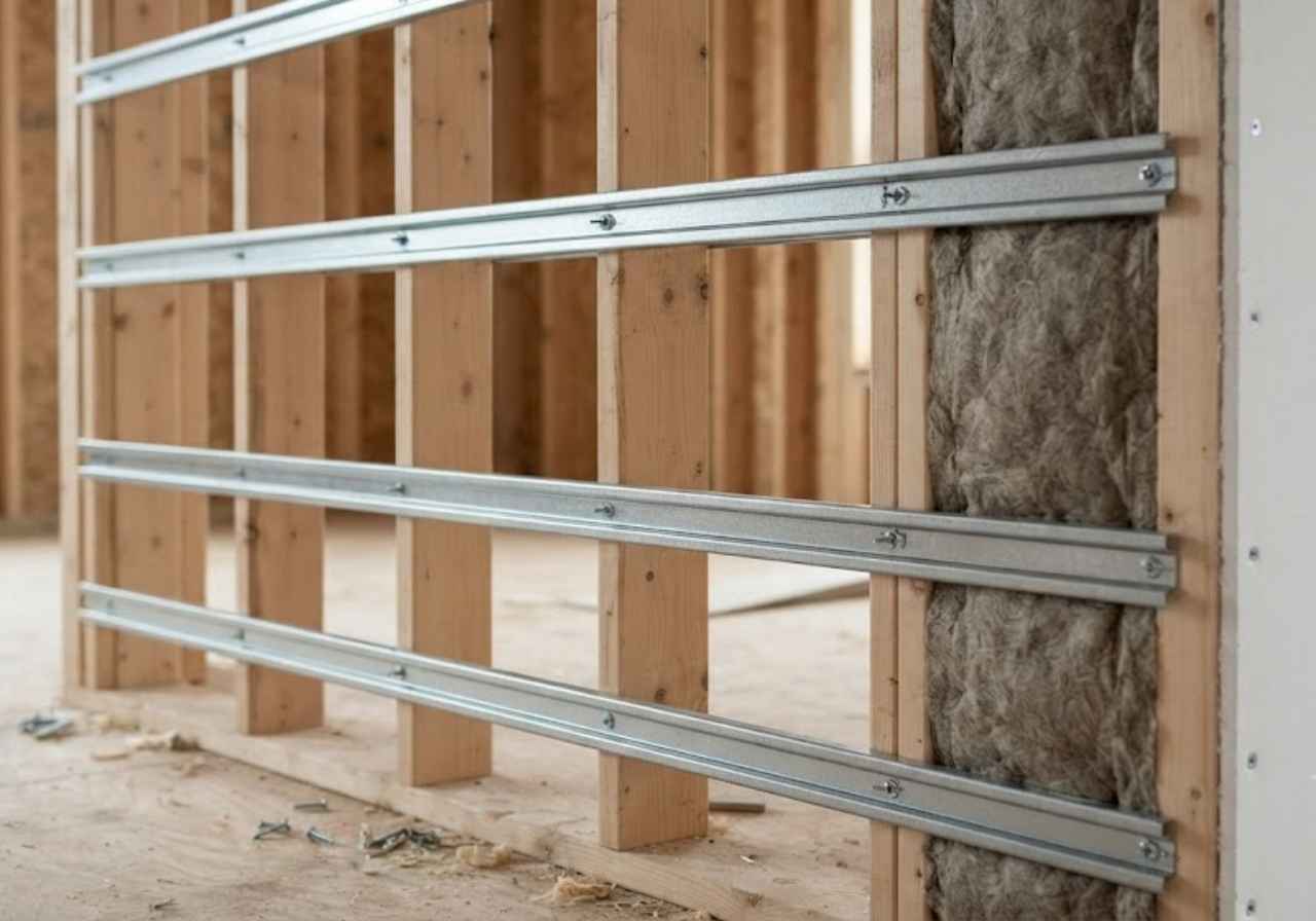 Resilient channel decoupling a wall in a Denver office build
