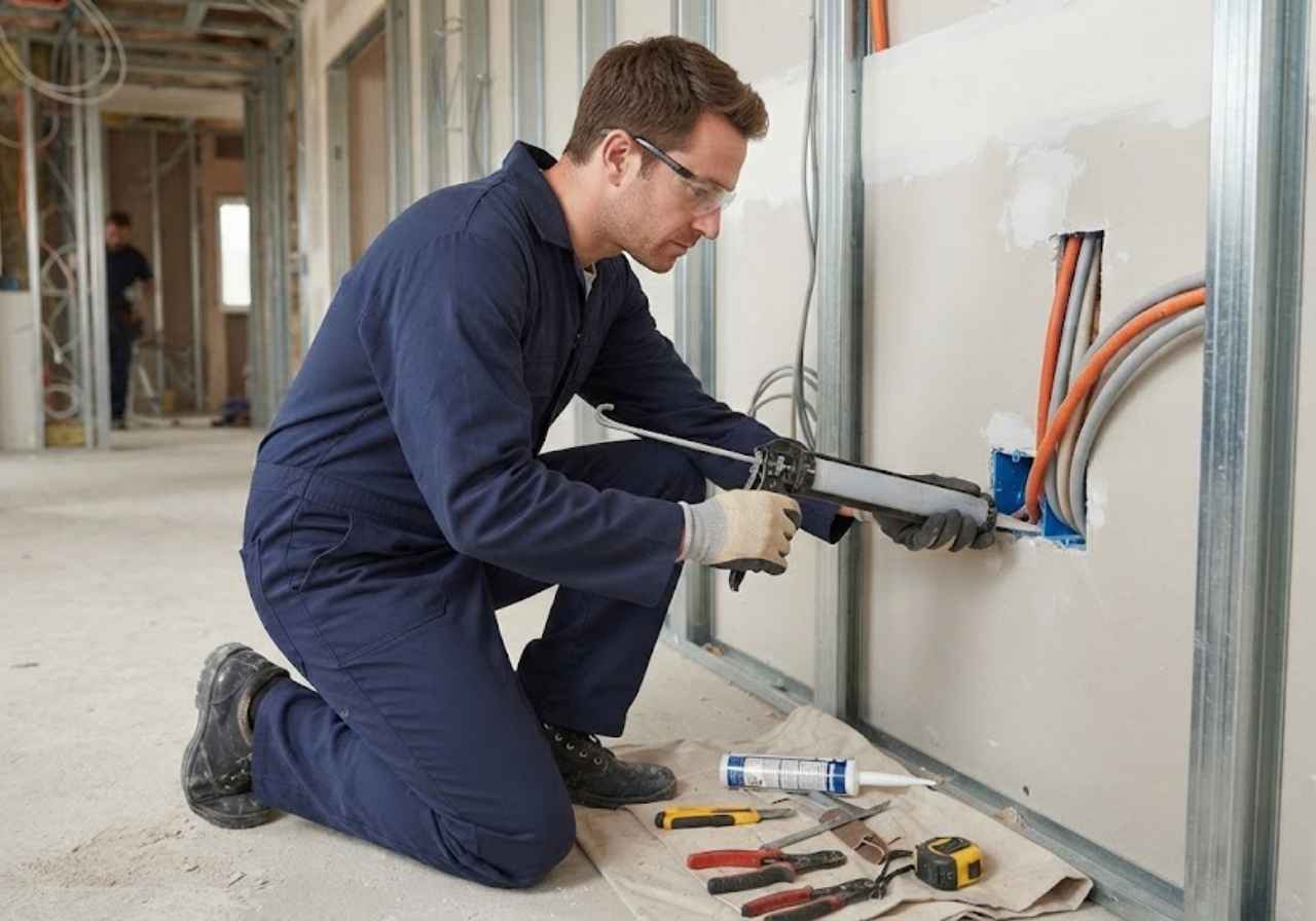 Technician sealing an outlet to stop flanking noise in Denver