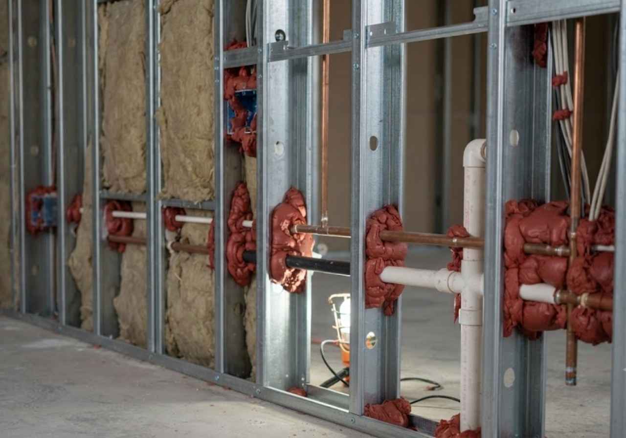 Sealed penetrations on a Denver demising wall before drywall