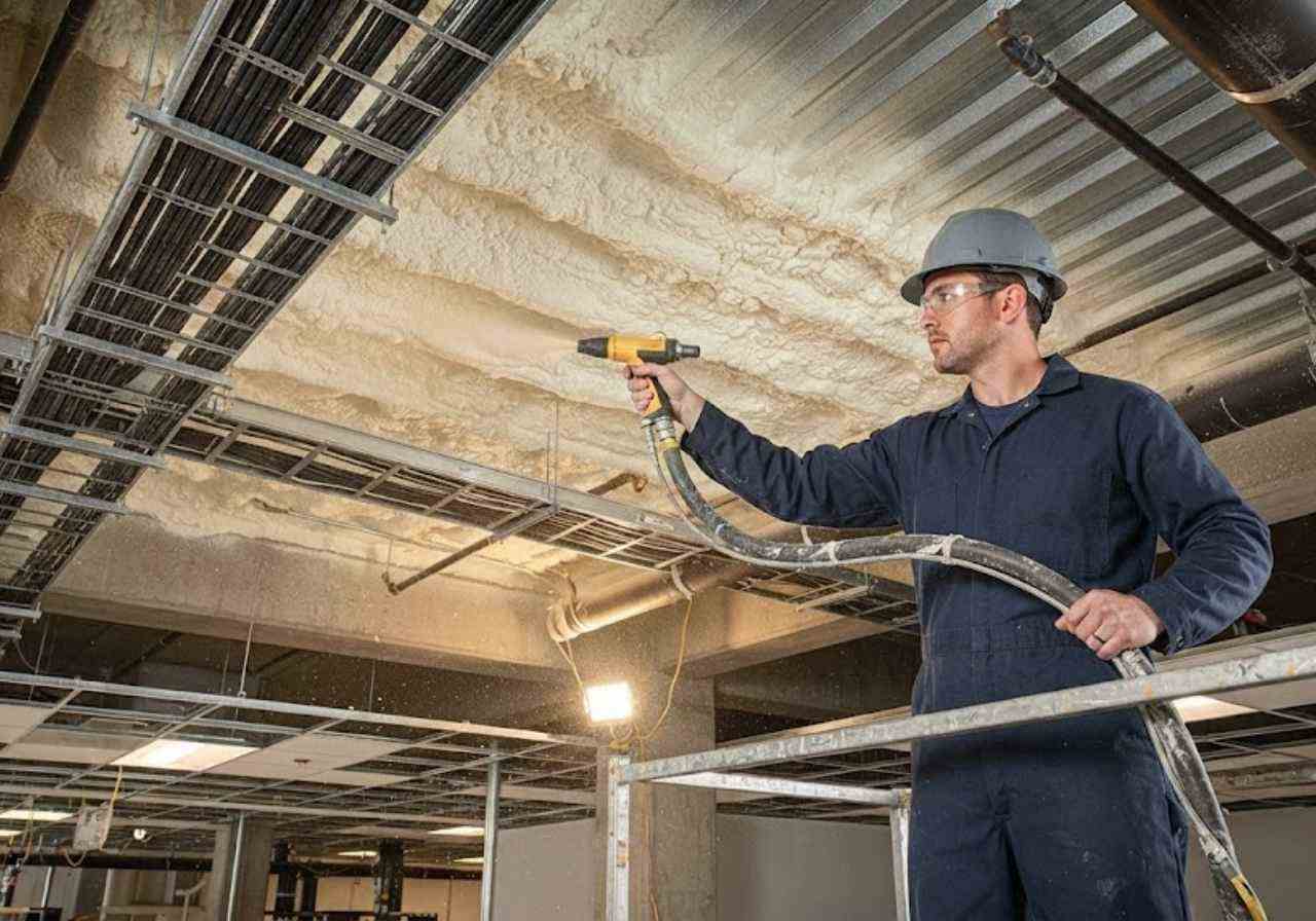 Technician insulating a Denver data center roof deck