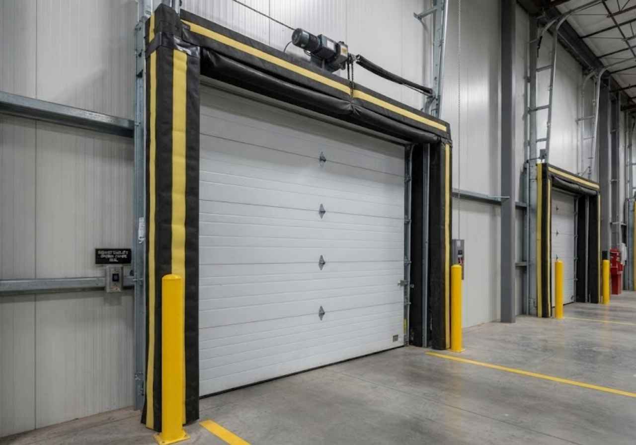 Sealed loading dock door reducing energy loss in a Denver building