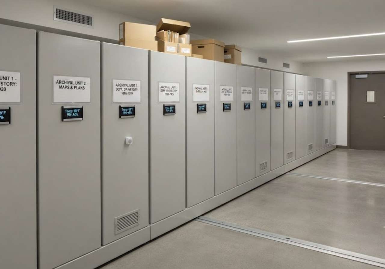 Climate-controlled archival shelving in a Denver library