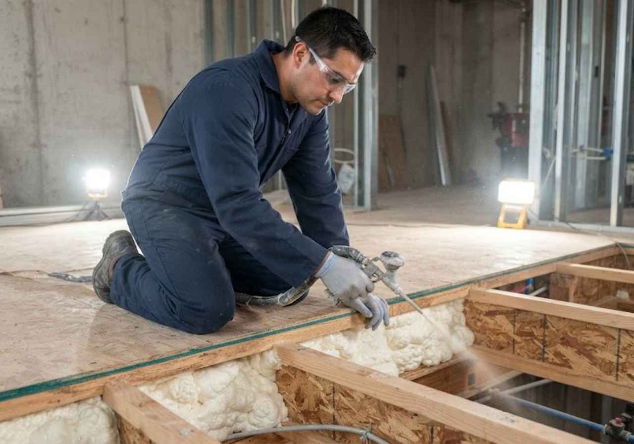 Construction worker in safety glasses kneels on a plywood edge, trimming white insulation foam with a power tool on a construction site.