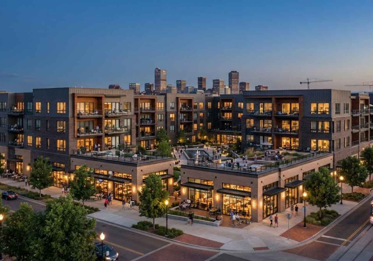 Modern multi-story apartment complex with a central courtyard and ground-floor shops at dusk, warm interior lights visible in windows.