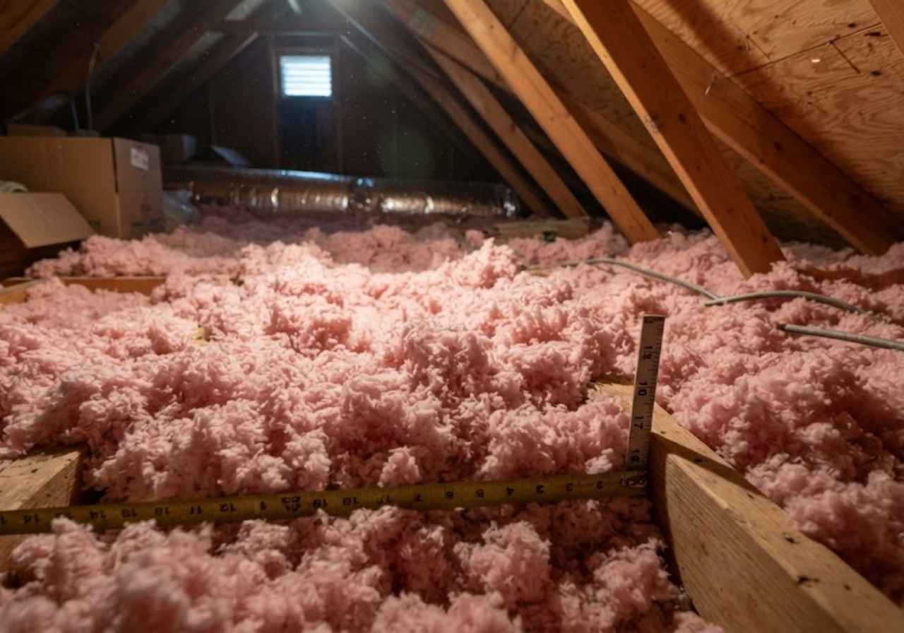 Blown-in fiberglass insulation in a Denver apartment attic