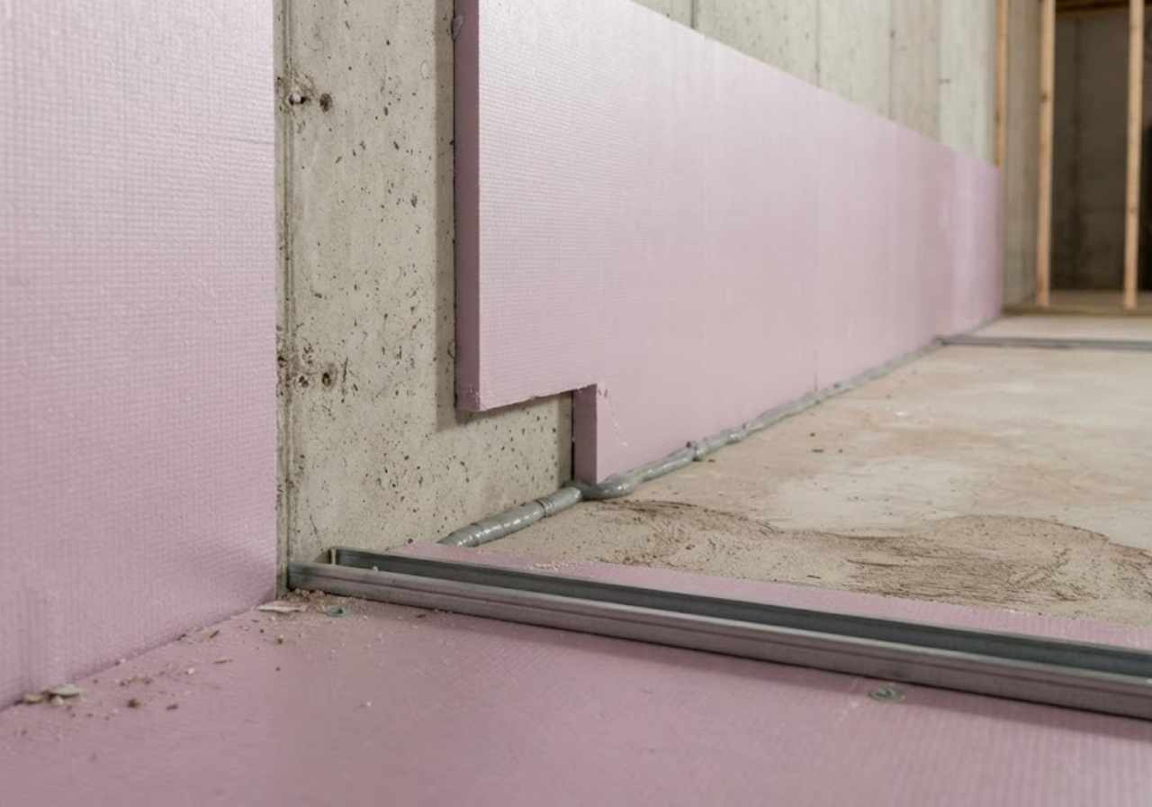 Construction site with pink foam insulation boards attached to a concrete wall along a doorway.