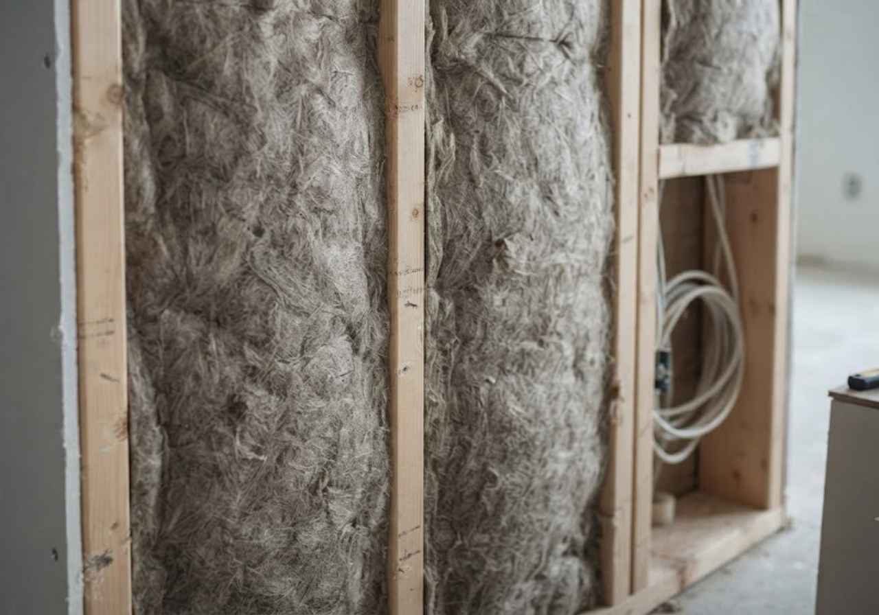 Mineral wool batt in a Denver apartment wall cavity