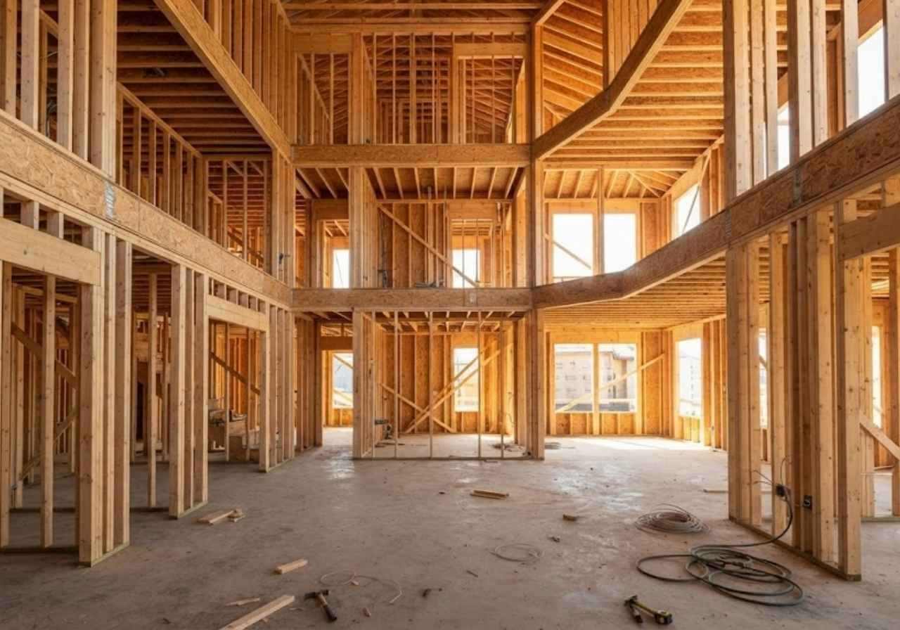 Interior of a wooden-framed house under construction, with exposed studs, beams, and scaffolding, bright daylight through large windows.