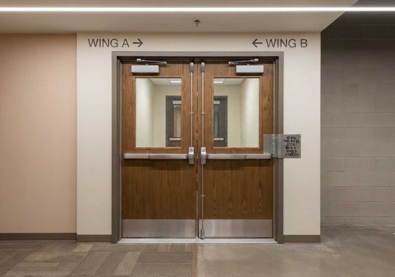 Fire-rated corridor door in a Denver senior care building