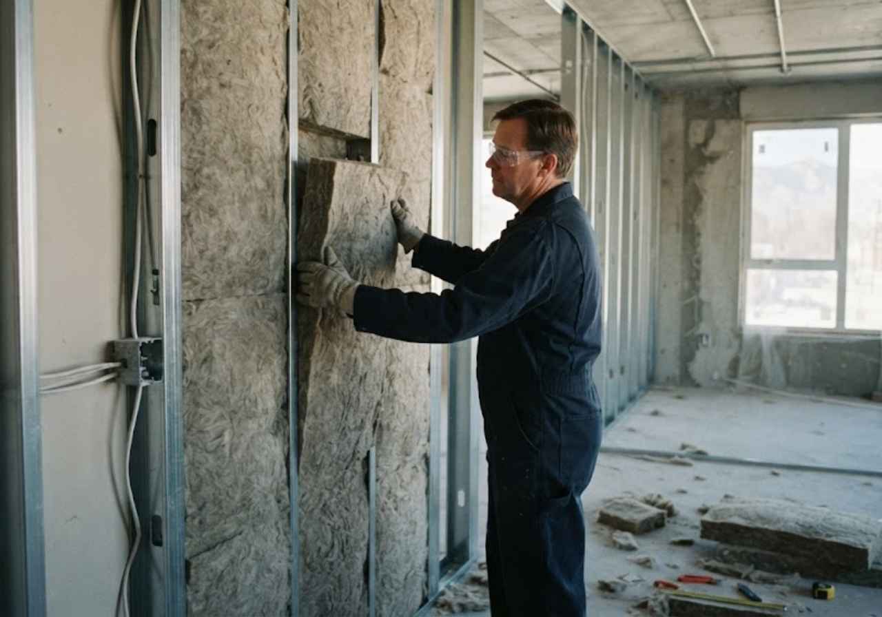 Technician installing mineral wool insulation in Denver apartment conversion