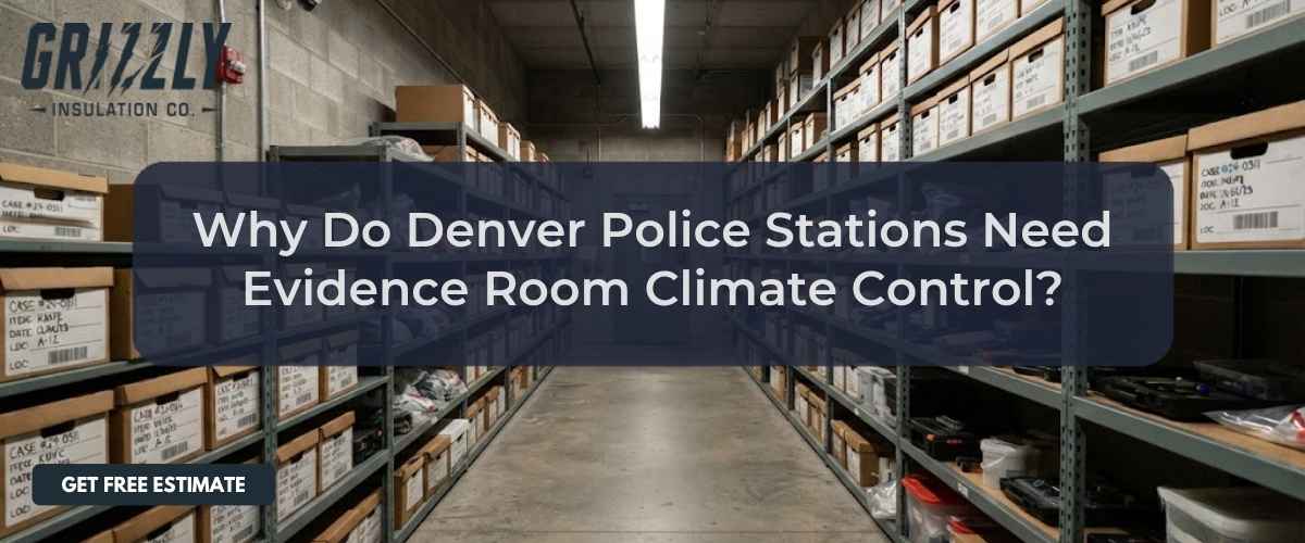 Warehouse aisle with metal shelving and labeled boxes; overlay text reads: 'Why Do Denver Police Stations Need Evidence Room Climate Control?'; Grizzly Insulation Co logo top left; call-to-action: 'Get Free Estimate'