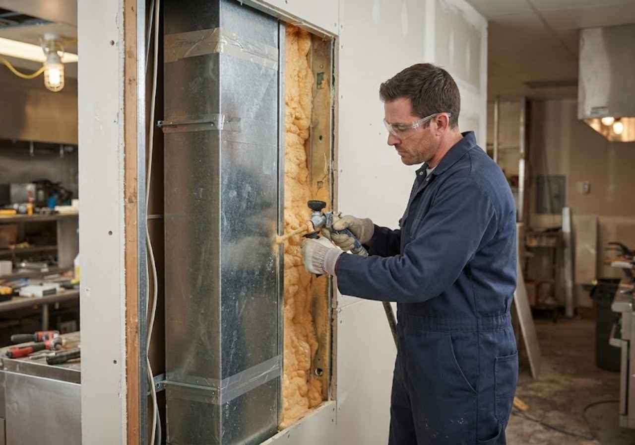 Construction worker in safety glasses trims yellow wall insulation with a power tool beside a metal HVAC duct in a workshop.