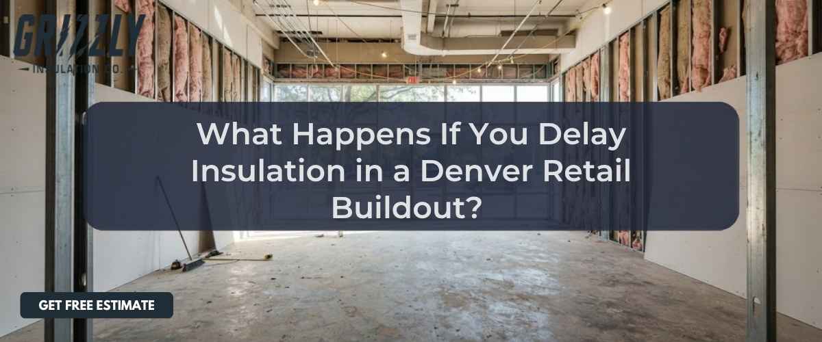 Open retail buildout under construction with exposed insulation along the walls; a dark overlay shows the headline about delaying insulation and a 'Get Free Estimate' button.