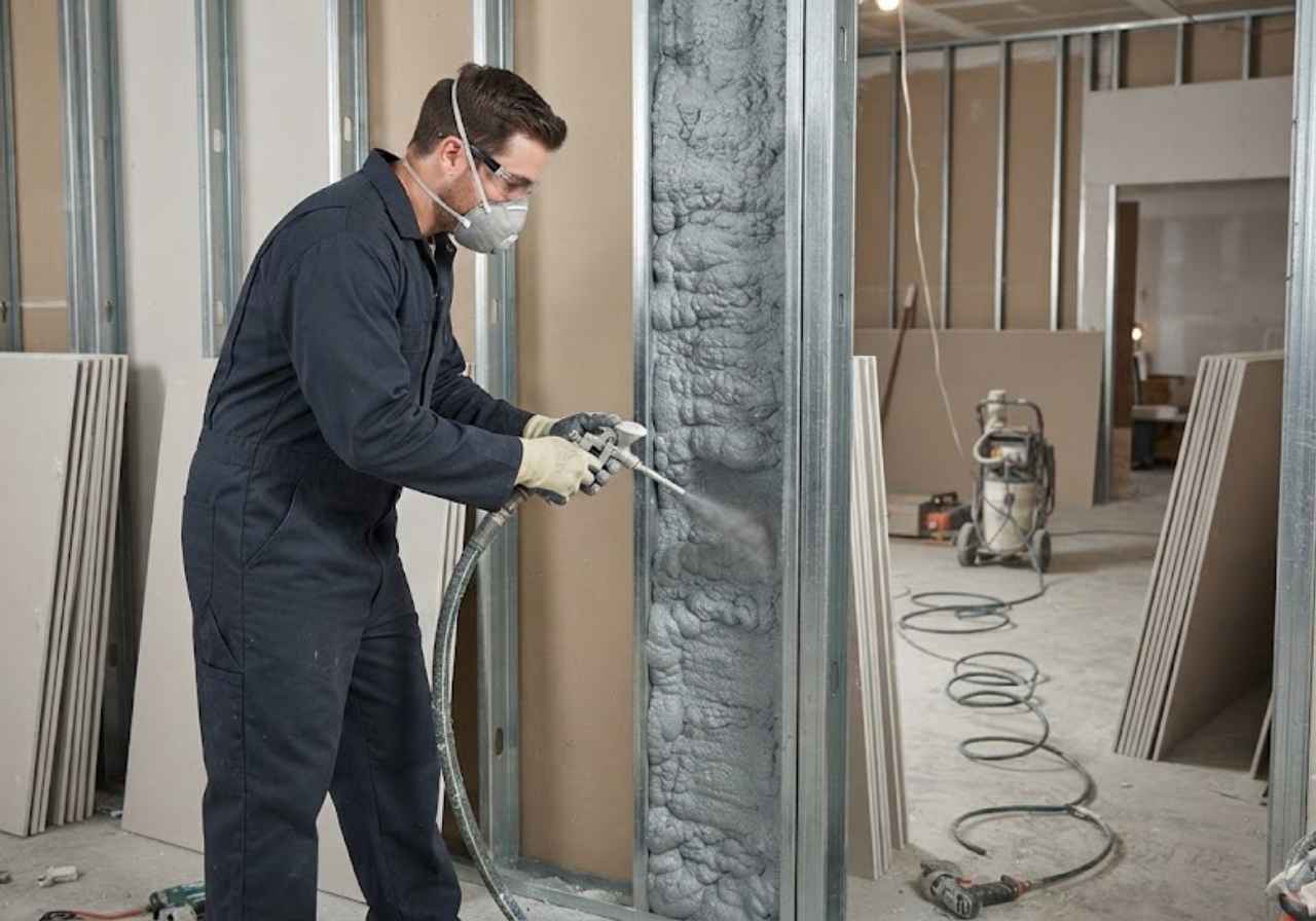 Construction worker in protective gear sprays foam insulation inside an unfinished wall.