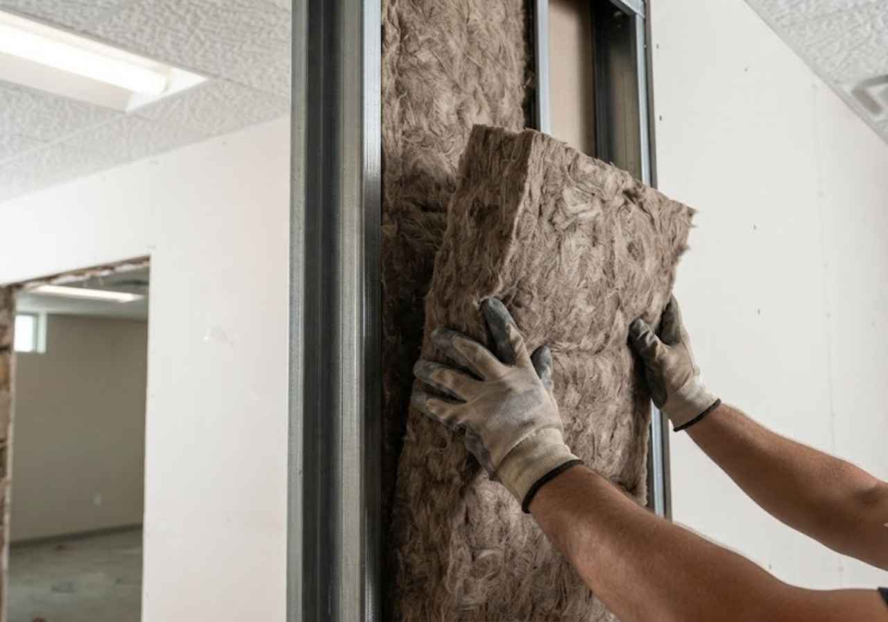 Mineral wool insulation in a Denver classroom demising wall